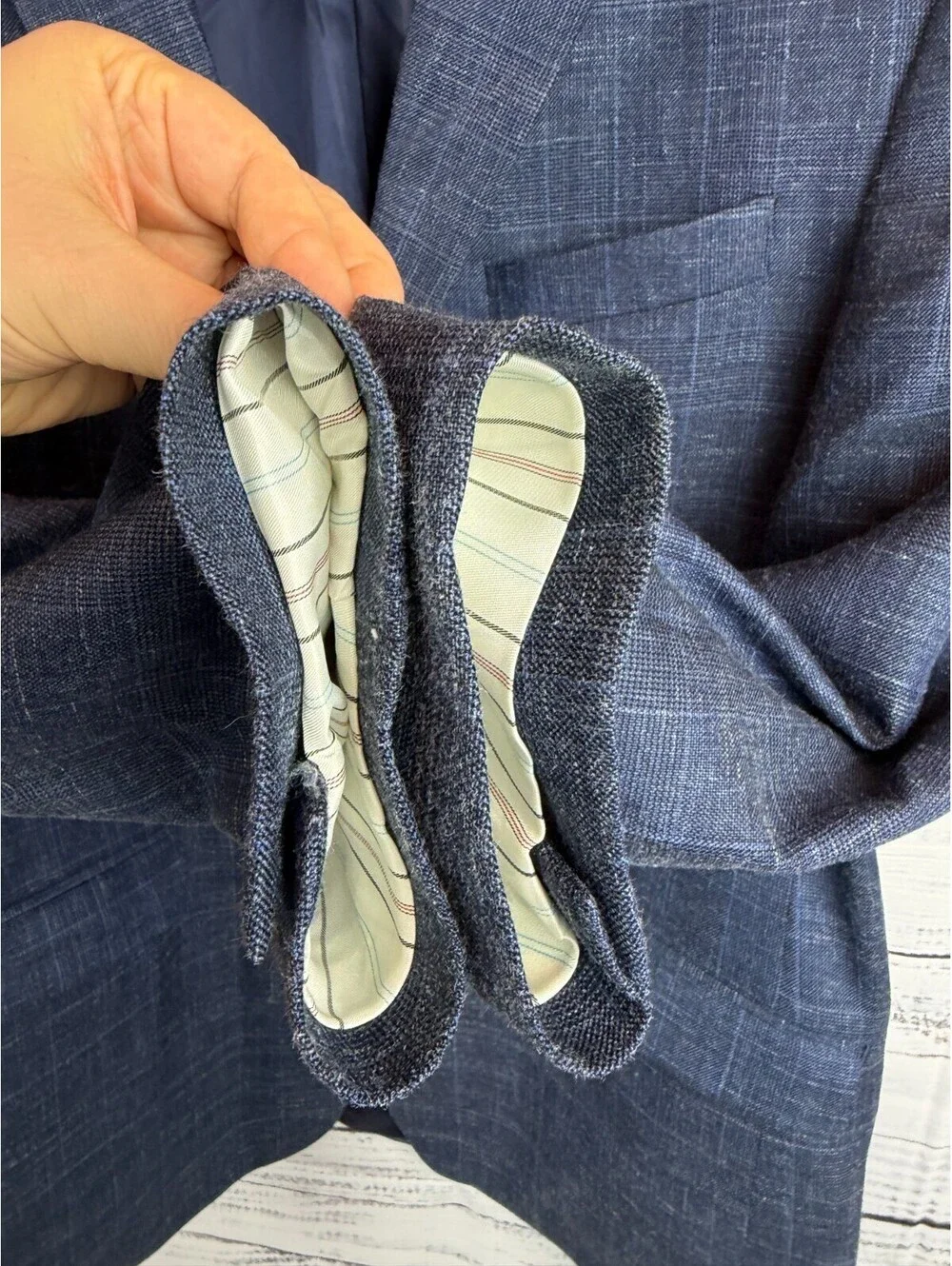 RALPH LAUREN LAUREN blue check wool silk linen mens jacket blazer 44L NWOT